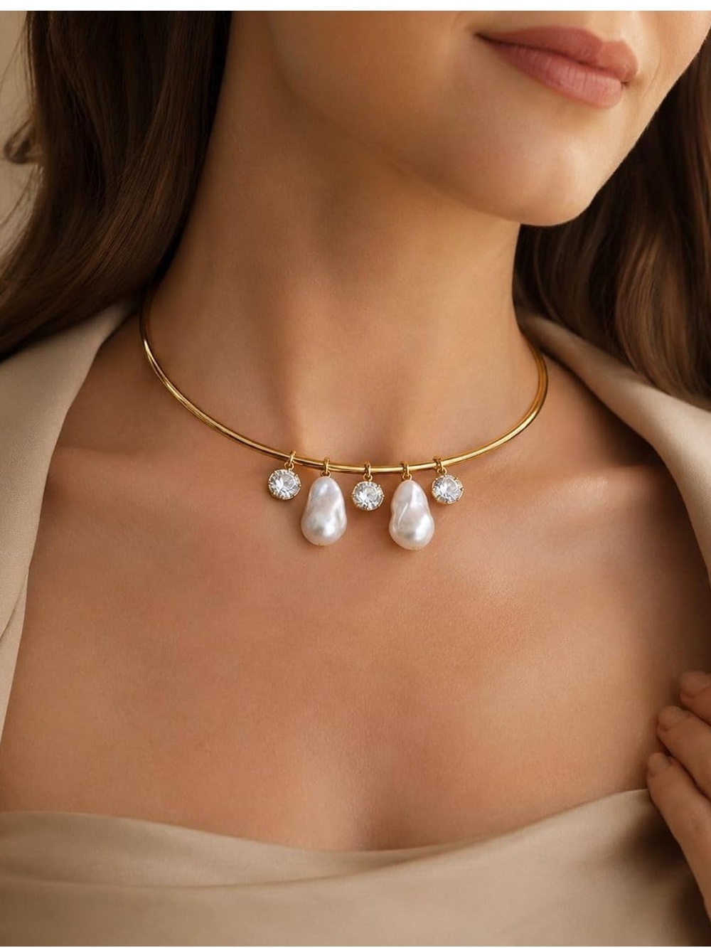 Gold Tone Pearl & Crystal Choker Necklace | Elegant Statement Collar | Bridal